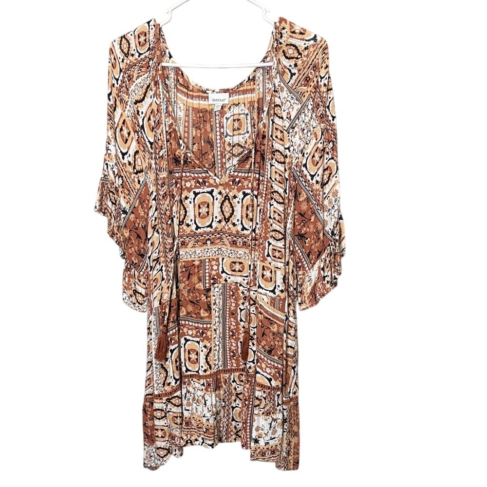 Avenue Plus Size 22/24 Boho Patchwork Tunic Dress Rust Tan Tassel V-Neck Kimono